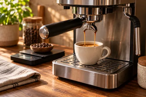 Μηχανή espresso ετοιμάζει καφέ σε κεραμικό φλιτζάνι.