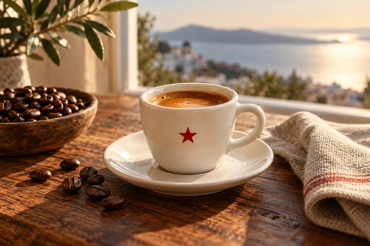 Φλιτζάνι espresso με κόκκινο αστέρι δίπλα σε κόκκους καφέ.